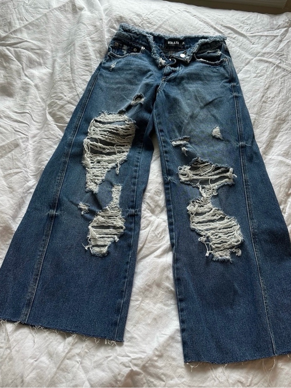 SER.O.YA Distressed Wide-Leg Blue Denim Jeans